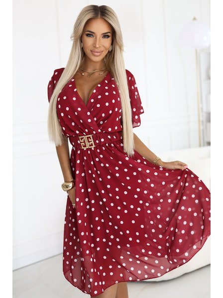 numoco Rochie senzuale de culoare vișinie cu buline albe și centură decorativă