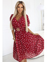 numoco Rochie senzuale de culoare vișinie cu buline albe și centură decorativă