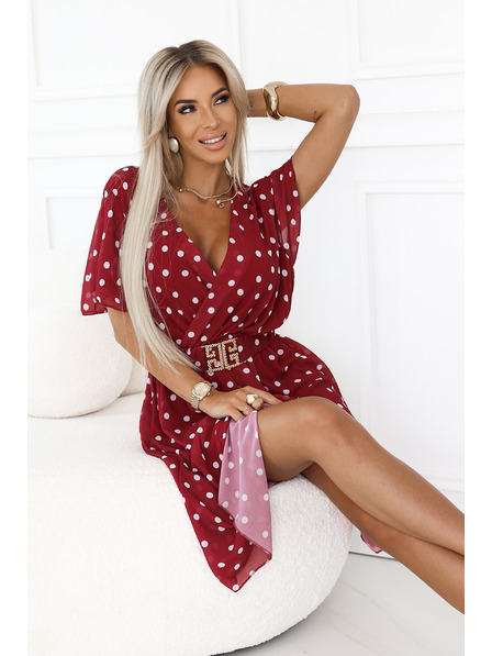 numoco Rochie senzuale de culoare vișinie cu buline albe și centură decorativă