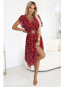 numoco Rochie senzuale de culoare vișinie cu buline albe și centură decorativă