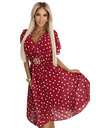 numoco Rochie senzuale de culoare vișinie cu buline albe și centură decorativă
