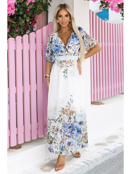 numoco Rochie maxi ușoară CELINA cu decolteu în V, centură și imprimeu floral ombré