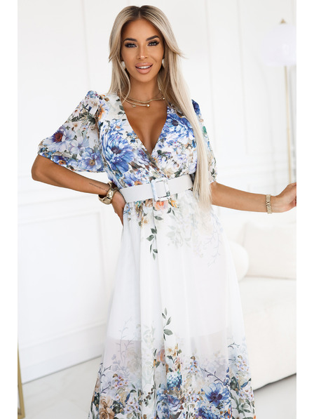 numoco Rochie maxi ușoară CELINA cu decolteu în V, centură și imprimeu floral ombré