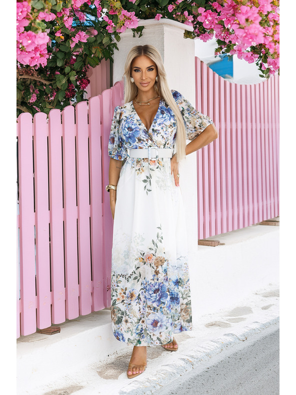 numoco Rochie maxi ușoară CELINA cu decolteu în V, centură și imprimeu floral ombré