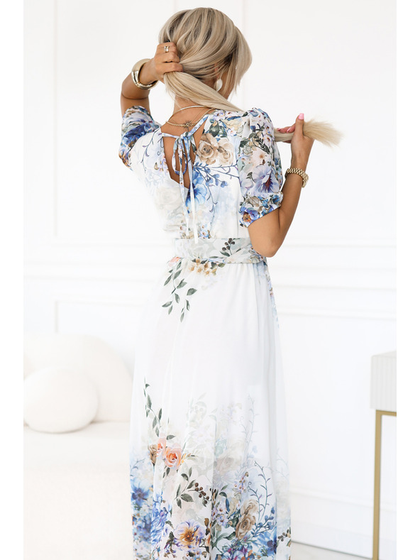 numoco Rochie maxi ușoară CELINA cu decolteu în V, centură și imprimeu floral ombré