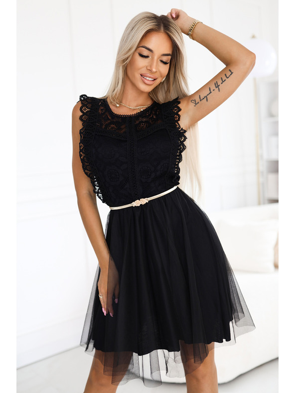 numoco Rochie din dantelă GRETA cu fustă din tul și centură aurie