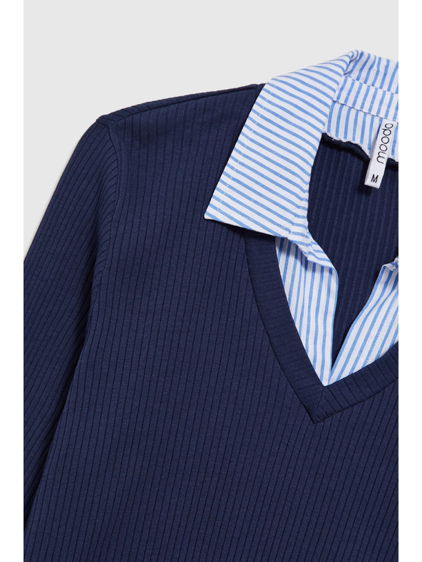 Moodo Pulover albastru închis cu guler de cămașă