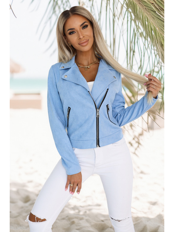 numoco Geacă de motociclist din piele întoarsă albastru deschis, cu mânecă lungă și fermoare