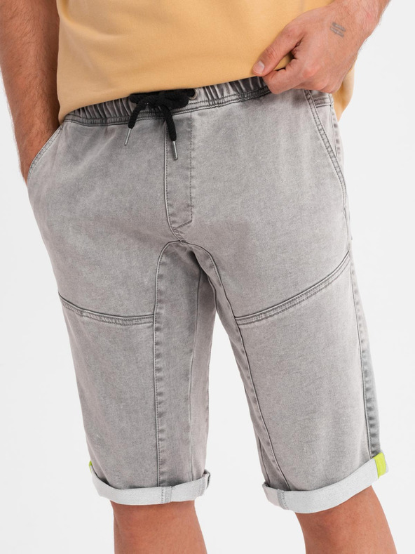 Ombre Clothing Pantaloni scurți din denim pentru bărbați cu cusături decorative - gri deschis