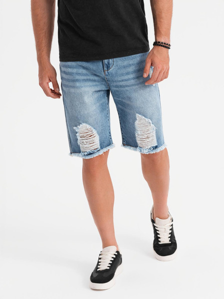 Ombre Clothing Pantaloni scurți din denim pentru bărbați cu găuri și rupturi - albastru deschis