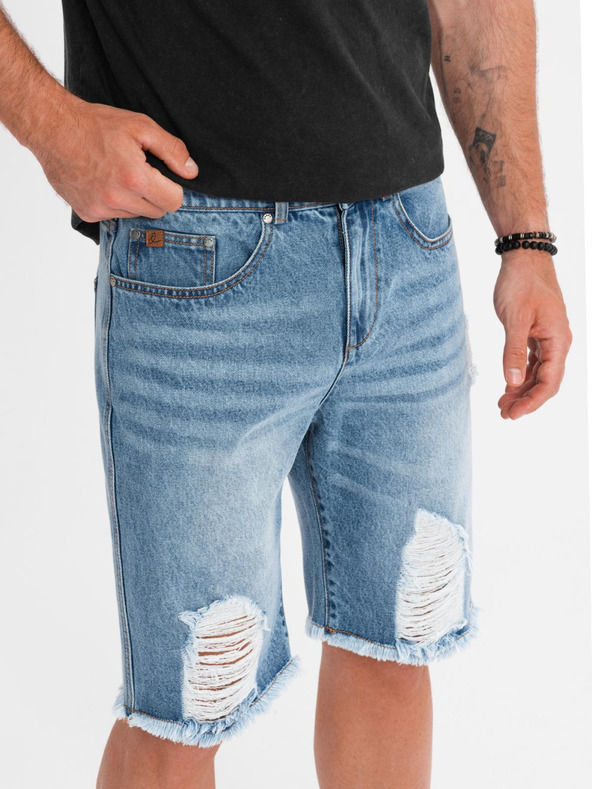 Ombre Clothing Pantaloni scurți din denim pentru bărbați cu găuri și rupturi - albastru deschis
