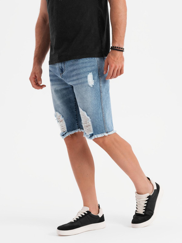 Ombre Clothing Pantaloni scurți din denim pentru bărbați cu găuri și rupturi - albastru deschis