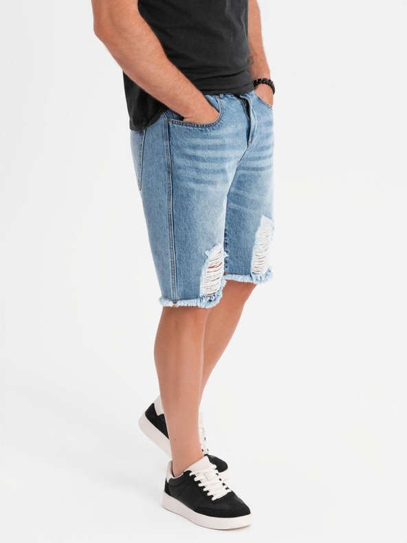 Ombre Clothing Pantaloni scurți din denim pentru bărbați cu găuri și rupturi - albastru deschis