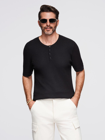 Ombre Clothing Tricou tricotat pentru bărbați cu nasturi la decolteu - negru