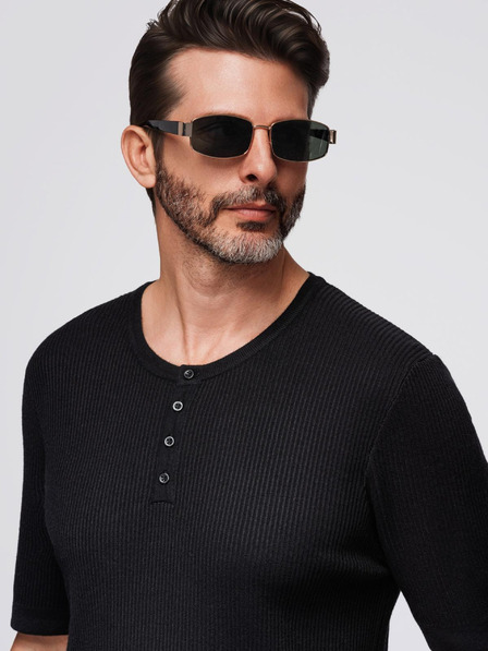 Ombre Clothing Tricou tricotat pentru bărbați cu nasturi la decolteu - negru