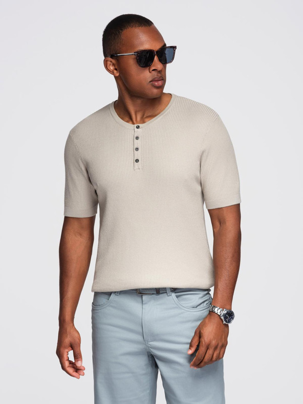 Ombre Clothing Tricou tricotat pentru bărbați cu nasturi la decolteu - gri deschis