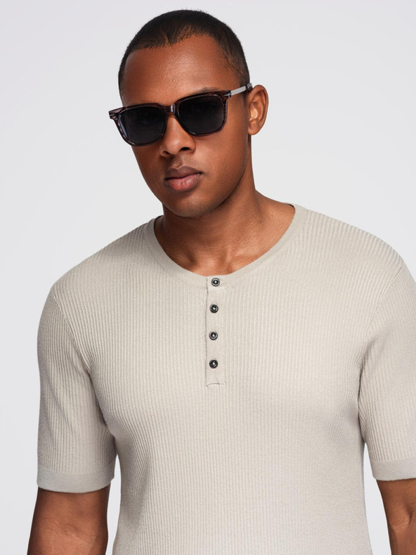 Ombre Clothing Tricou tricotat pentru bărbați cu nasturi la decolteu - gri deschis