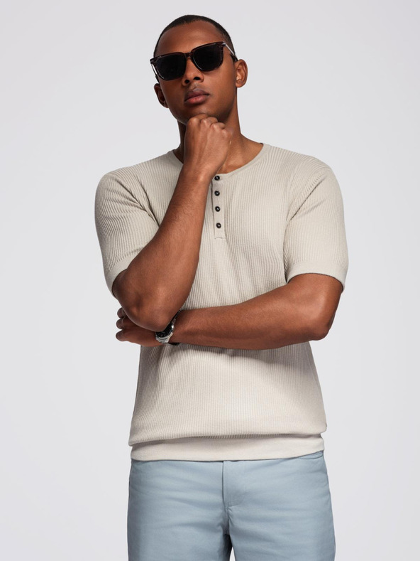 Ombre Clothing Tricou tricotat pentru bărbați cu nasturi la decolteu - gri deschis