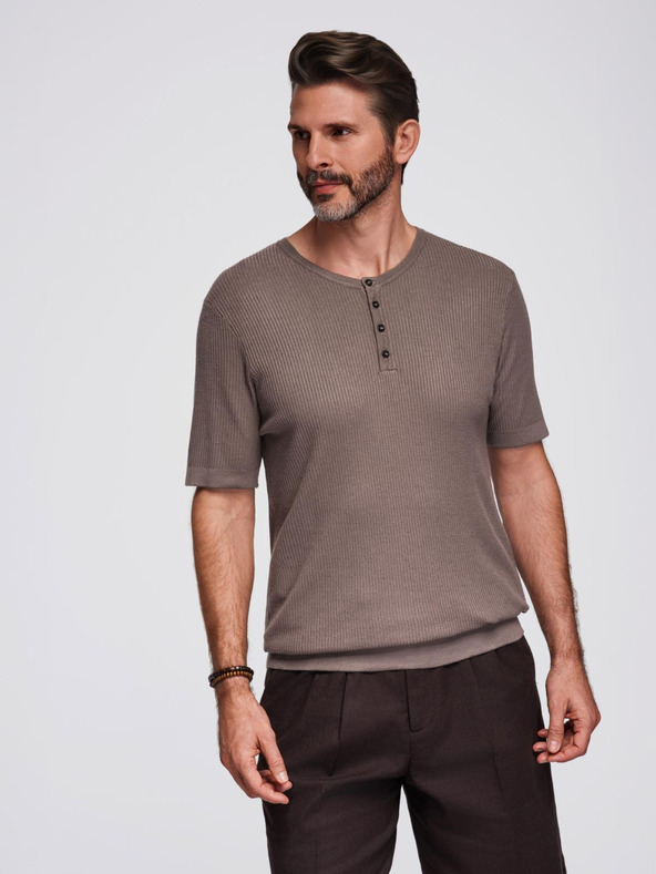 Ombre Clothing Tricou tricotat pentru bărbați cu nasturi la decolteu - gri