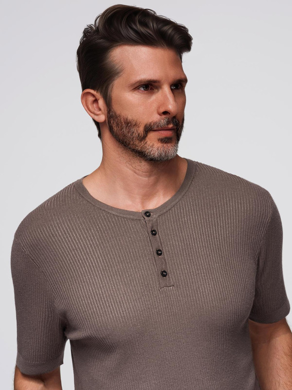 Ombre Clothing Tricou tricotat pentru bărbați cu nasturi la decolteu - gri