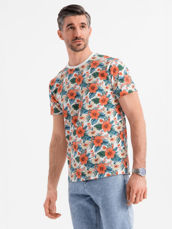 Ombre Clothing Tricou din bumbac pentru bărbați cu model floral și imprimeu total - alb