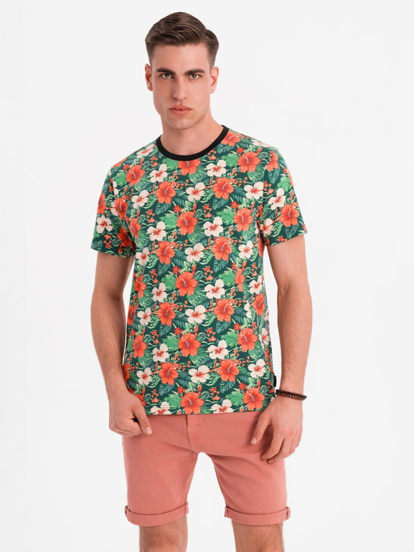 Ombre Clothing Tricou din bumbac pentru bărbați cu imprimeu floral - negru