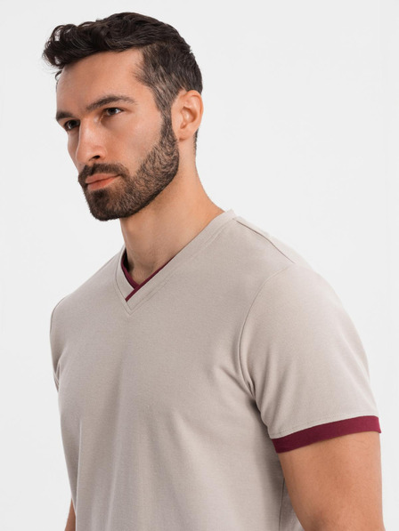 Ombre Clothing Tricou pentru bărbați cu inserții contrastante și decolteu în V - bej