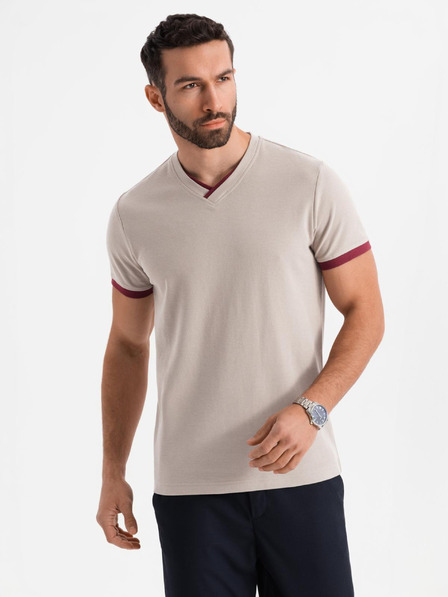 Ombre Clothing Tricou pentru bărbați cu inserții contrastante și decolteu în V - bej