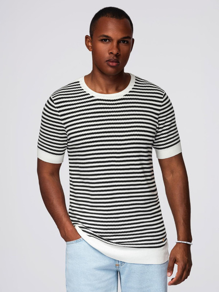 Ombre Clothing Tricou tricotat în dungi marinărești pentru bărbați cu țesătură perforată - alb-negru