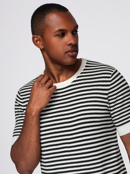 Ombre Clothing Tricou tricotat în dungi marinărești pentru bărbați cu țesătură perforată - alb-negru