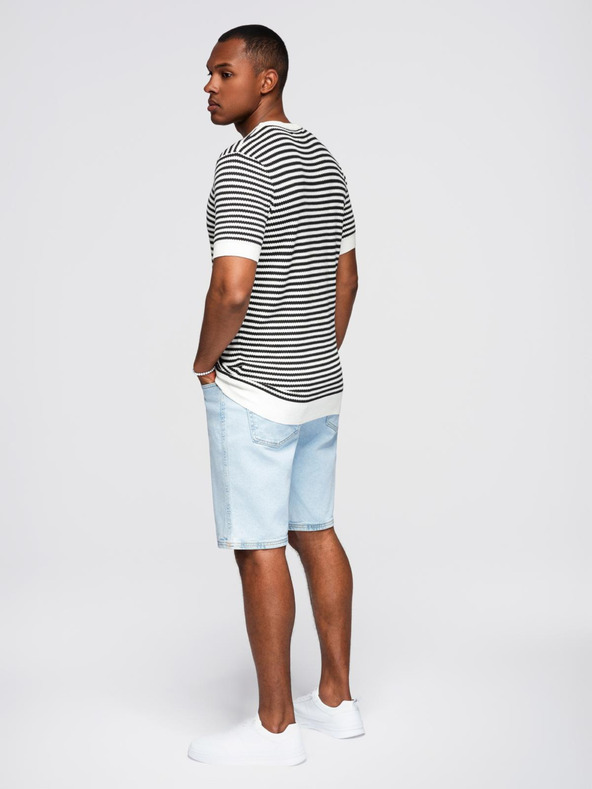 Ombre Clothing Tricou tricotat în dungi marinărești pentru bărbați cu țesătură perforată - alb-negru