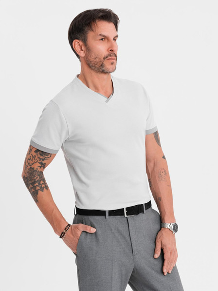 Ombre Clothing Tricou pentru bărbați cu inserții contrastante și decolteu în V - gri deschis