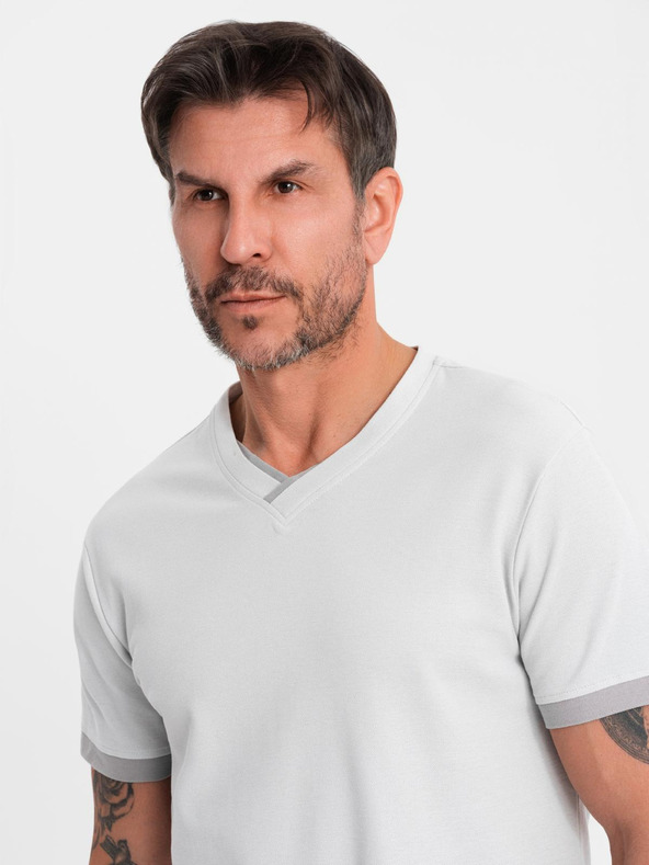Ombre Clothing Tricou pentru bărbați cu inserții contrastante și decolteu în V - gri deschis