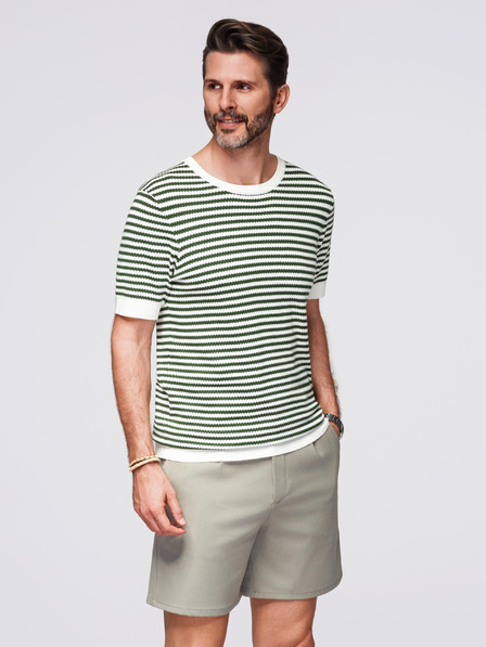Ombre Clothing Tricou tricotat în dungi marinărești cu design perforat - măsliniu și alb