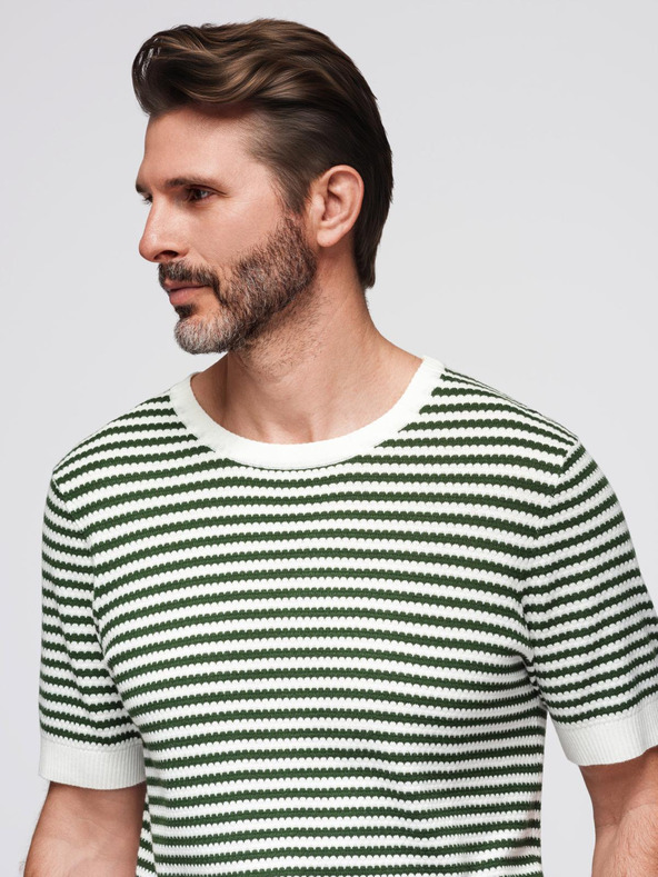 Ombre Clothing Tricou tricotat în dungi marinărești cu design perforat - măsliniu și alb