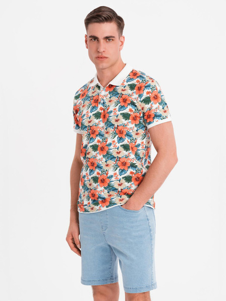 Ombre Clothing Tricou polo din bumbac cu imprimeu floral - alb