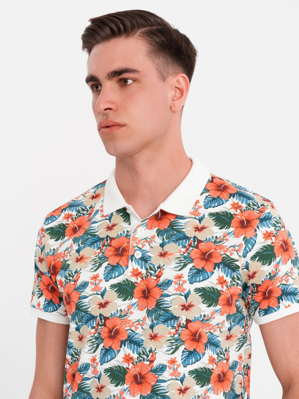 Ombre Clothing Tricou polo din bumbac cu imprimeu floral - alb