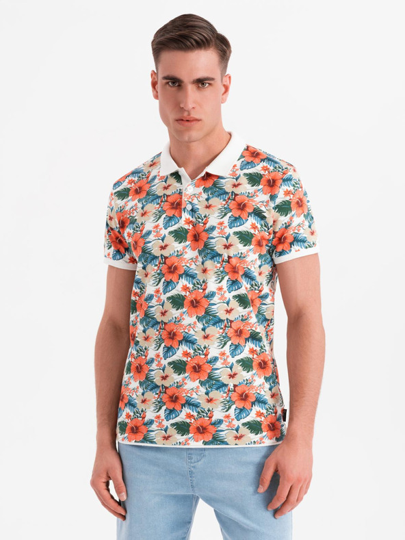Ombre Clothing Tricou polo din bumbac cu imprimeu floral - alb