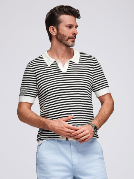 Ombre Clothing Tricou polo tricotat fără nasturi în dungi marinărești - negru și alb