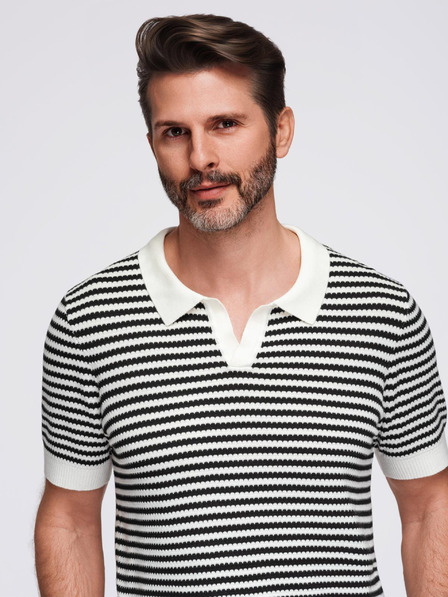 Ombre Clothing Tricou polo tricotat fără nasturi în dungi marinărești - negru și alb