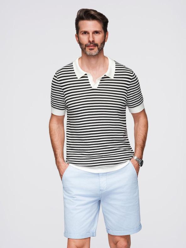 Ombre Clothing Tricou polo tricotat fără nasturi în dungi marinărești - negru și alb