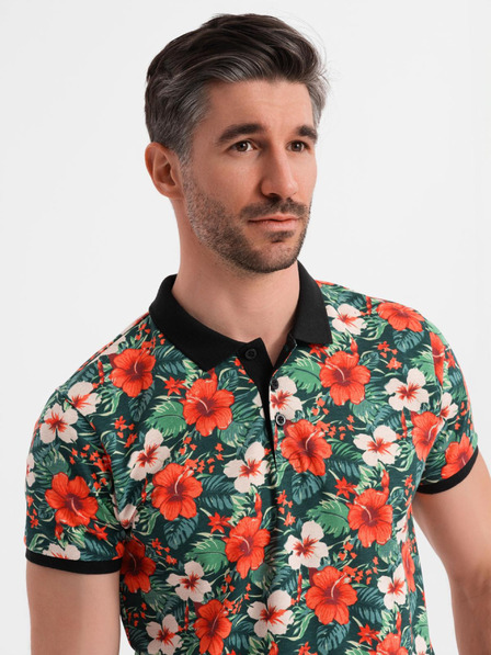 Ombre Clothing Tricou polo din bumbac cu imprimeu floral - negru