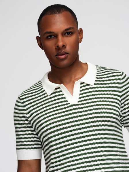 Ombre Clothing Tricou polo tricotat fără nasturi în dungi marinărești - alb și verde măslinie