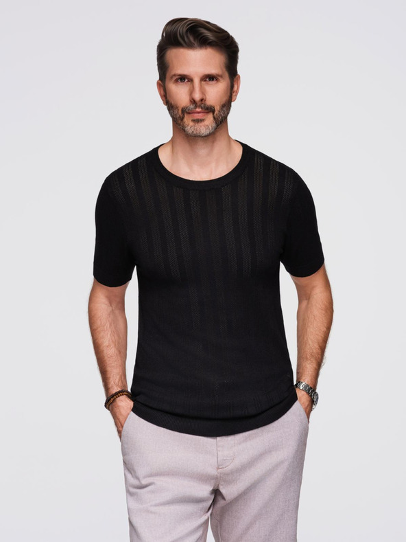Ombre Clothing Pulover pentru bărbați cu decolteu rotund și mâneci scurte - negru