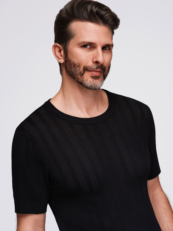 Ombre Clothing Pulover pentru bărbați cu decolteu rotund și mâneci scurte - negru