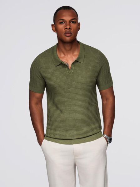 Ombre Clothing Tricou polo tricotat pentru bărbați fără nasturi - măslinie