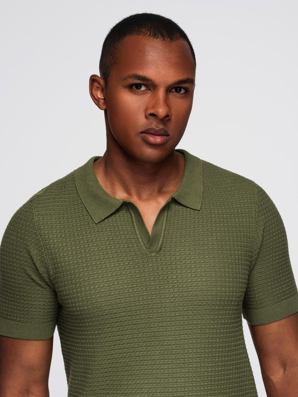 Ombre Clothing Tricou polo tricotat pentru bărbați fără nasturi - măslinie