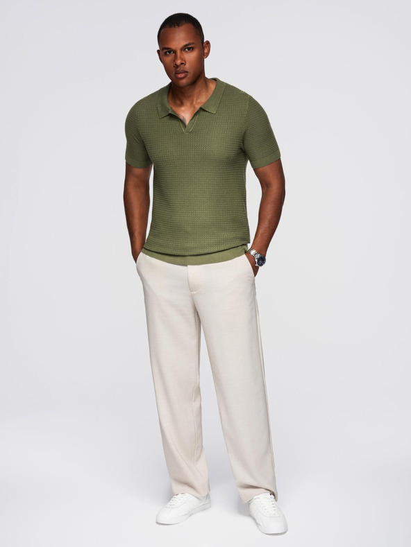 Ombre Clothing Tricou polo tricotat pentru bărbați fără nasturi - măslinie