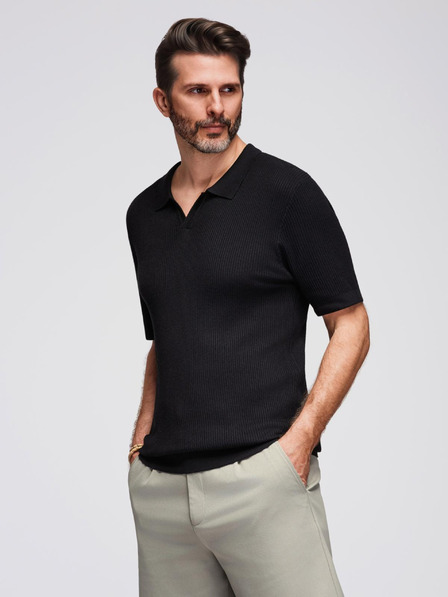 Ombre Clothing Tricou polo cu guler deschis fără nasturi - negru