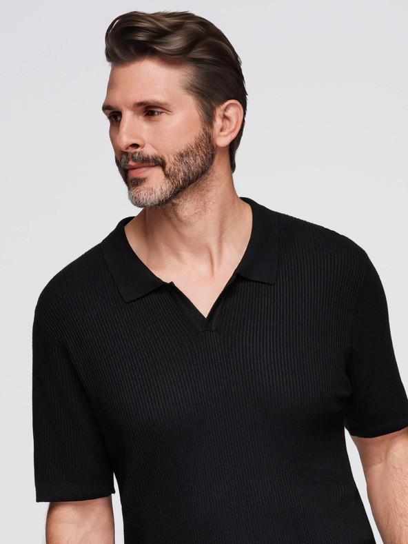 Ombre Clothing Tricou polo cu guler deschis fără nasturi - negru